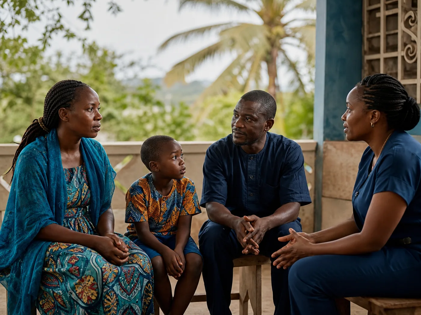 Une famille échange avec une professionnelle associative