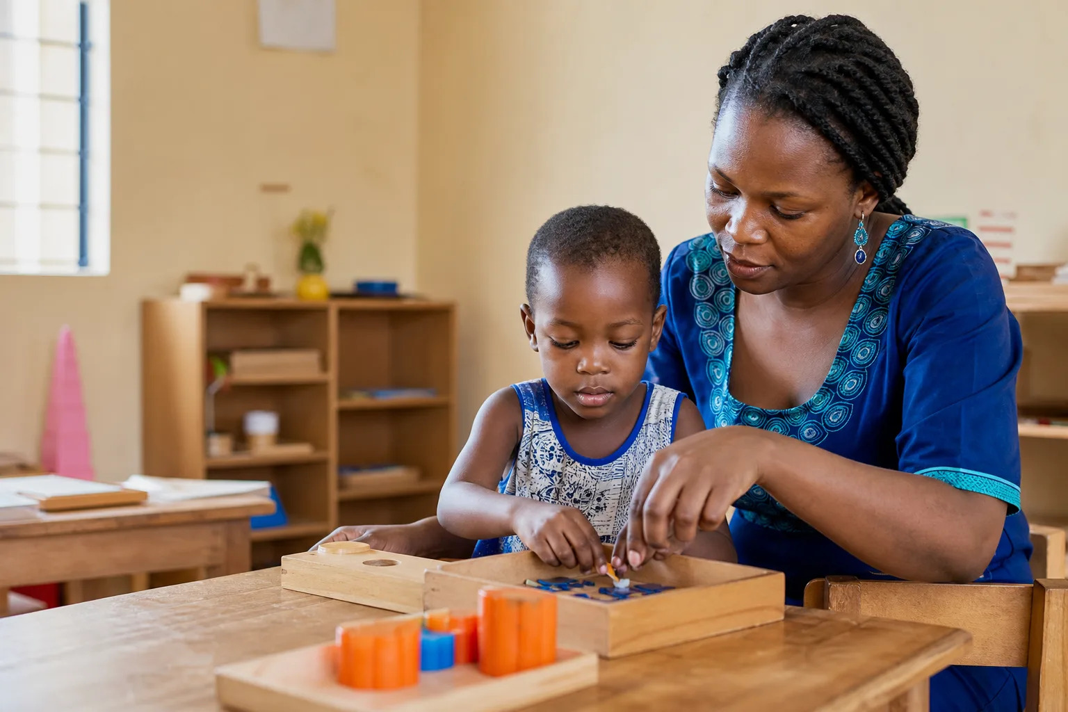 Une éducatrice accompagne un enfant pendant une activité d’apprentissage