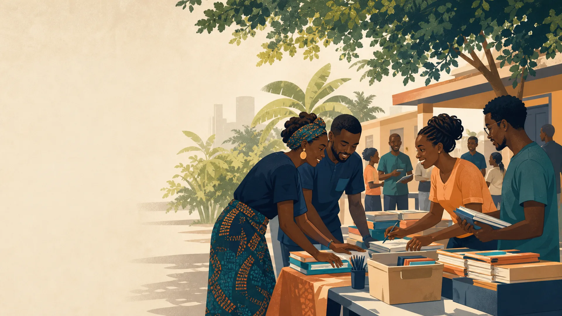 Illustration de bénévoles camerounais préparant du matériel éducatif