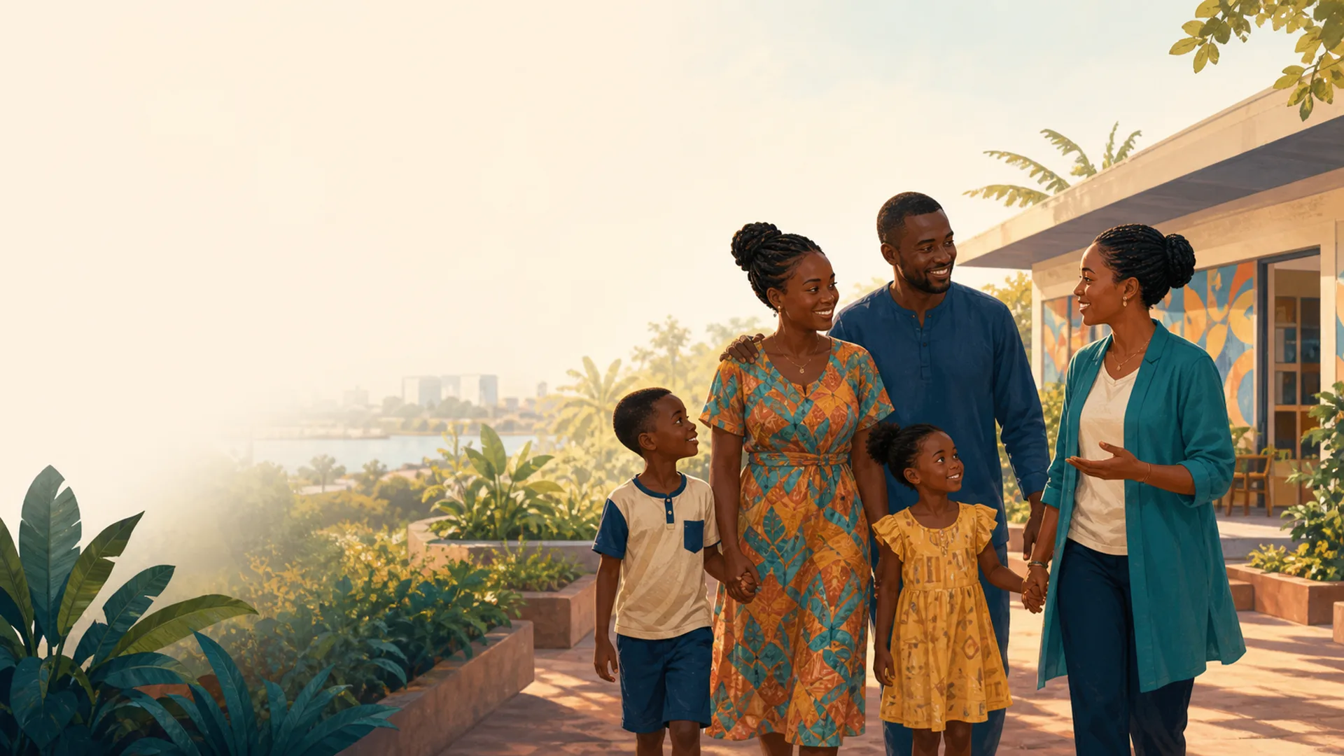 Illustration d’une famille camerounaise accueillie par une professionnelle associative