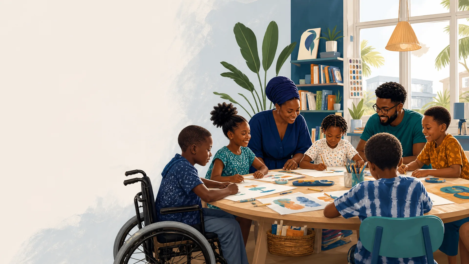 Illustration d’enfants participant à un atelier créatif inclusif